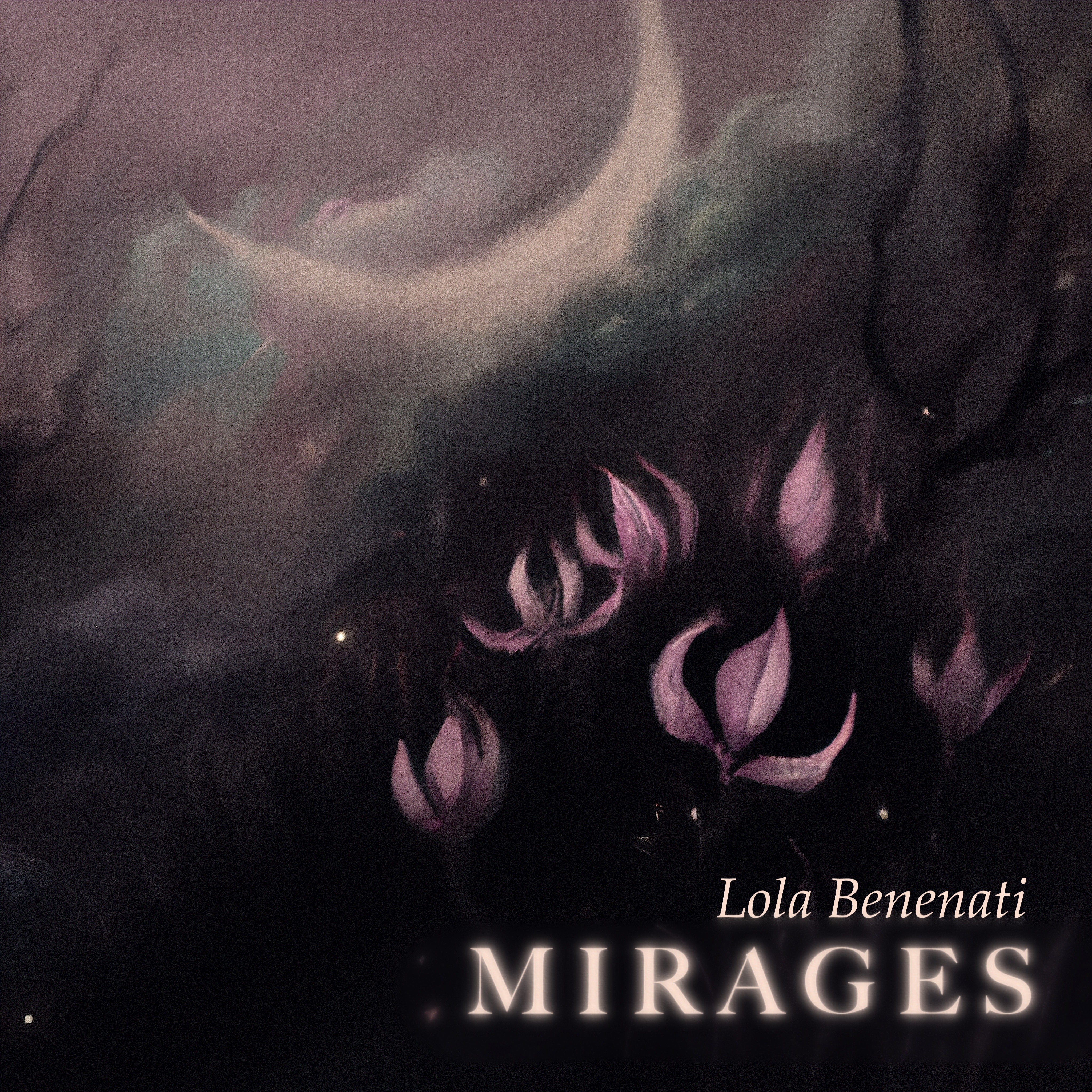 Pochette de l’EP Mirages : peinture nocturne violette de fleurs pâles et d’un croissant de lune, titre en capitales blanches.